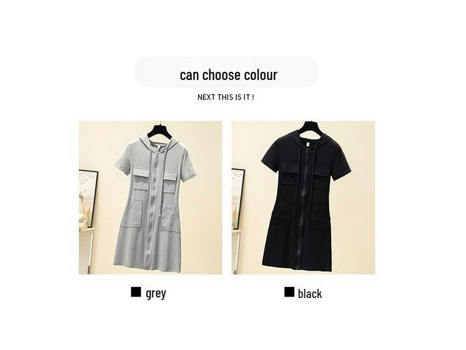 Women's Slimming Hooded Zipper Short-Sleeve Dress - Casual & Versatile Style