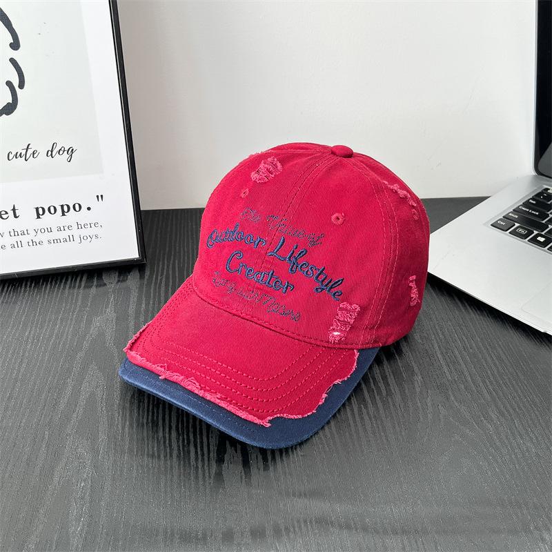 New Ripped Hole Wash Letter Embroidery Contrasting Color Design Baseball Hat Women's Outdoor Casual Soft Top Korean Embroidery Hat