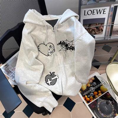 Unisex Retro Streetwear Hoodie With Zipper Letter Print Oversized Fit Fleece-Lined Fall 2025