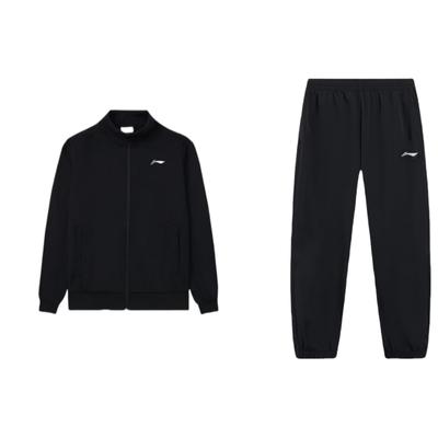 Li Ning Logo Print Loose Stand Collar Long Sleeve Elastic Waist Pants Casual Sports Suit Men Suit Black AYKT415-1+AWDTD93-1