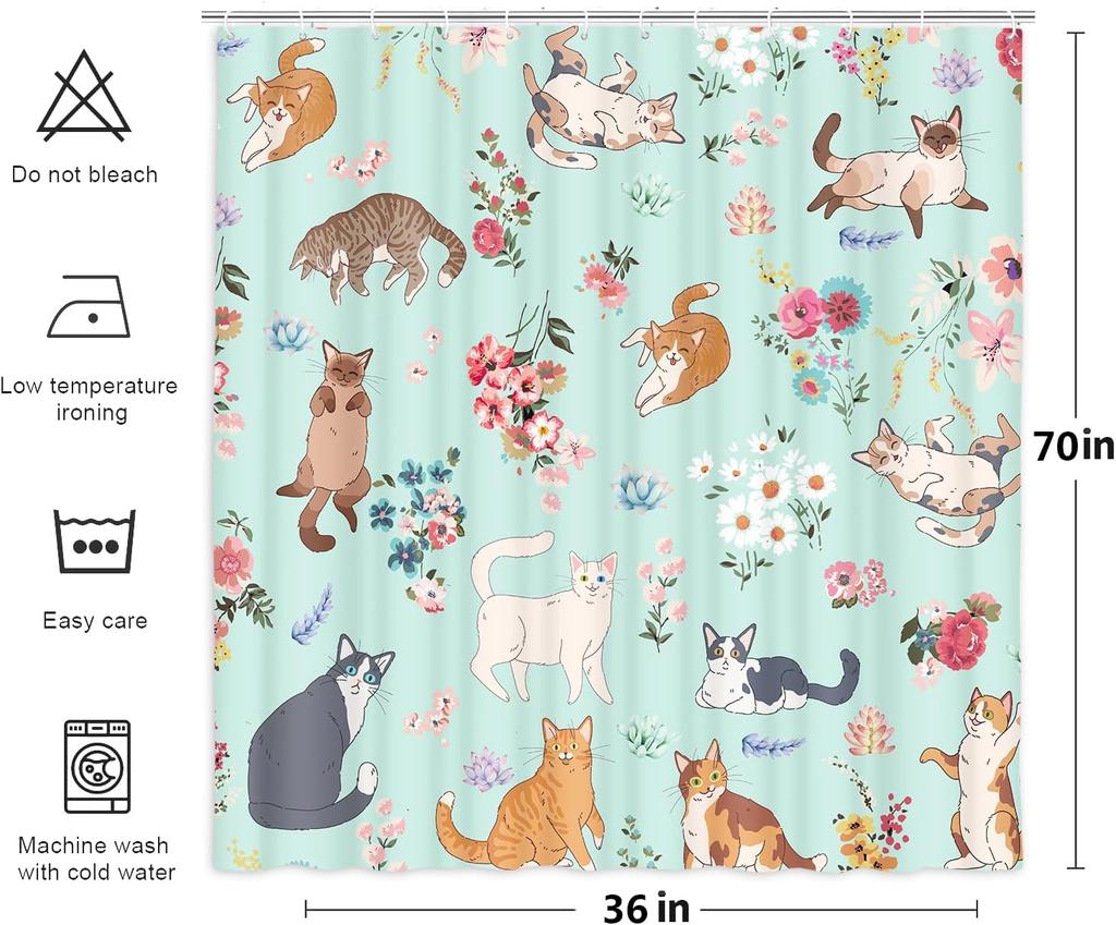 Funny Cat Shower Curtain, Black Cute Cat Flower Plant Bathroom Decor Shower Curtain, Colorful Cute Kitty Floral Animals Kids