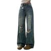 High Waisted Washed Crease Wide Leg Jeans Female Broken Holes Large Size Straight Loose Skinny Dragging Trousers Jeans for Women Long Denim Pants