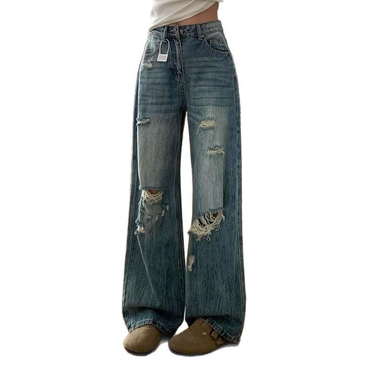 High Waisted Washed Crease Wide Leg Jeans Female Broken Holes Large Size Straight Loose Skinny Dragging Trousers Jeans for Women Long Denim Pants