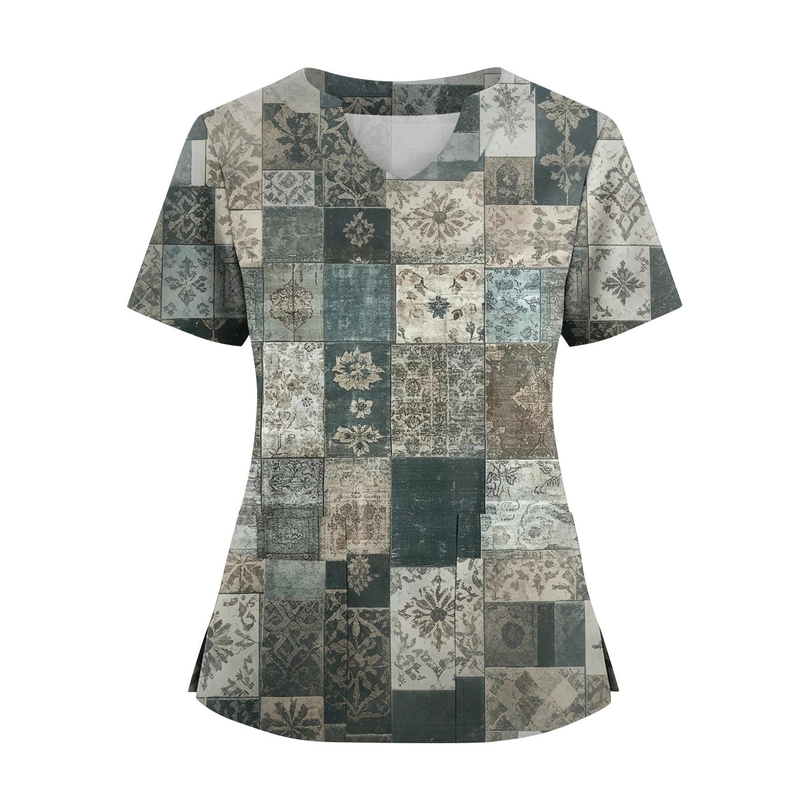 Women s Printed Floral V-neck Loose Short Sleeved Shirt XL