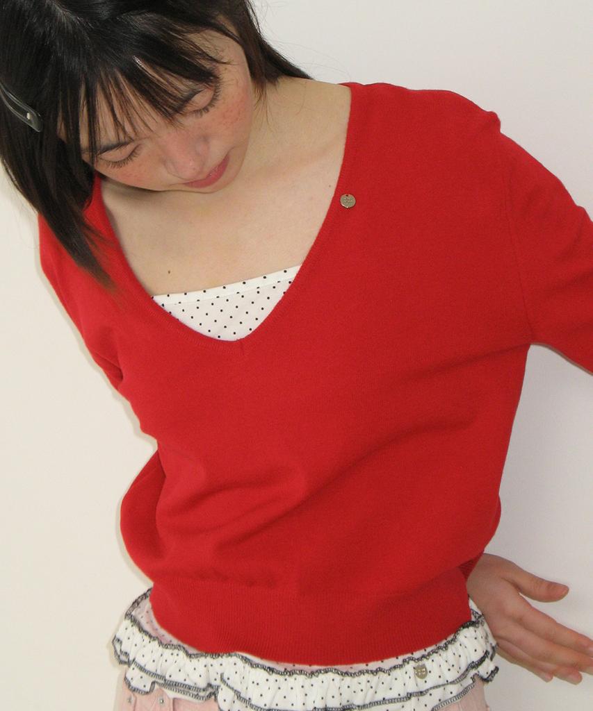 RONRON Basic Deep V Neck Compact Knit Red