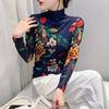 European Women's High-Neck Floral Mesh T-Shirt - 2023 Autumn/Winter Fashion