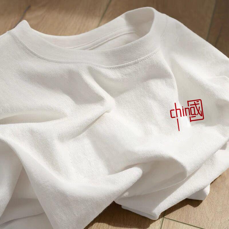 Heavy cotton cartoon print short-sleeved t-shirt women's 2025 new summer loose large size white crew neck top