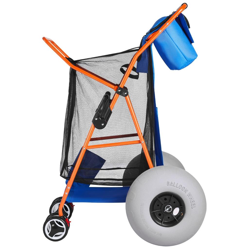 Strandkarre mit großen Rädern für Sand, 75 kg Tragfähigkeit, Robuster faltbarer Strandwagen mit 320 mm Ballonrädern, Isolierte Kühltasche, Sonnenschirm