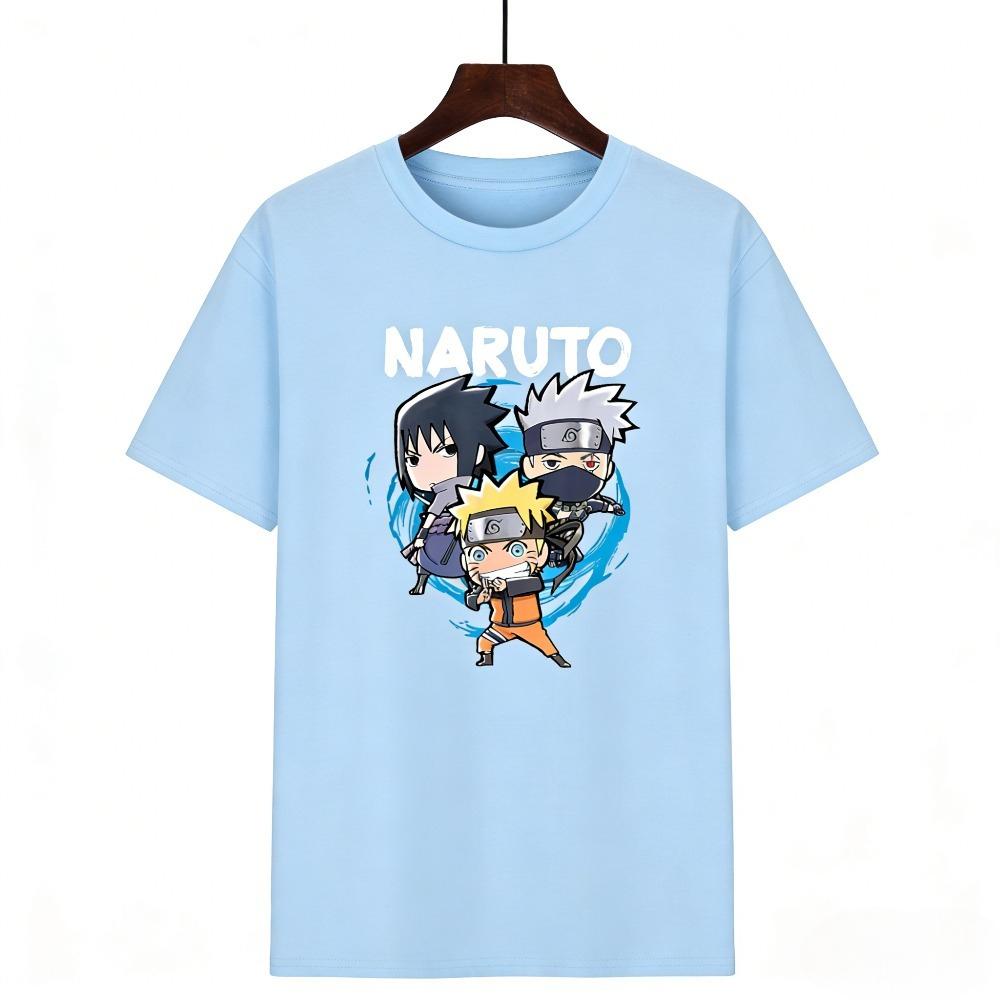 Naruto Kids Cotton T-Shirt,Adult Boys Girls Family Matching Casual Tee,Anime Chibi Team 7 Naruto Sasuke Kakashi Print Beige Tops