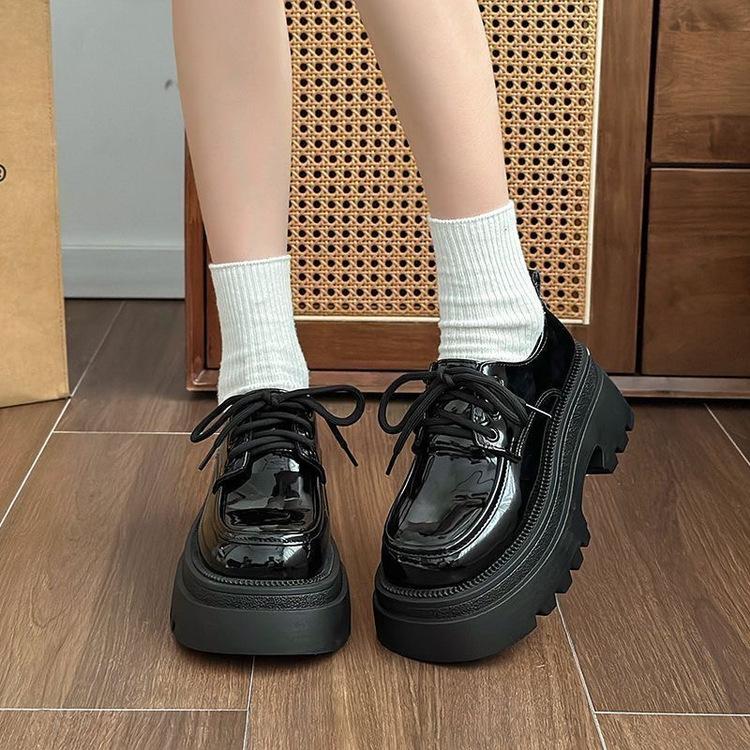 Thick-soled Lace-up Black Leather Shoes British Autumn Retro Height-increasing Velvet Warm Muffin Loafers