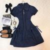Vintage Wear College-Stil Spitzensaum-Patchwork Blaues Vintage-Hemdblusenkleid Vintage-Kurzrock