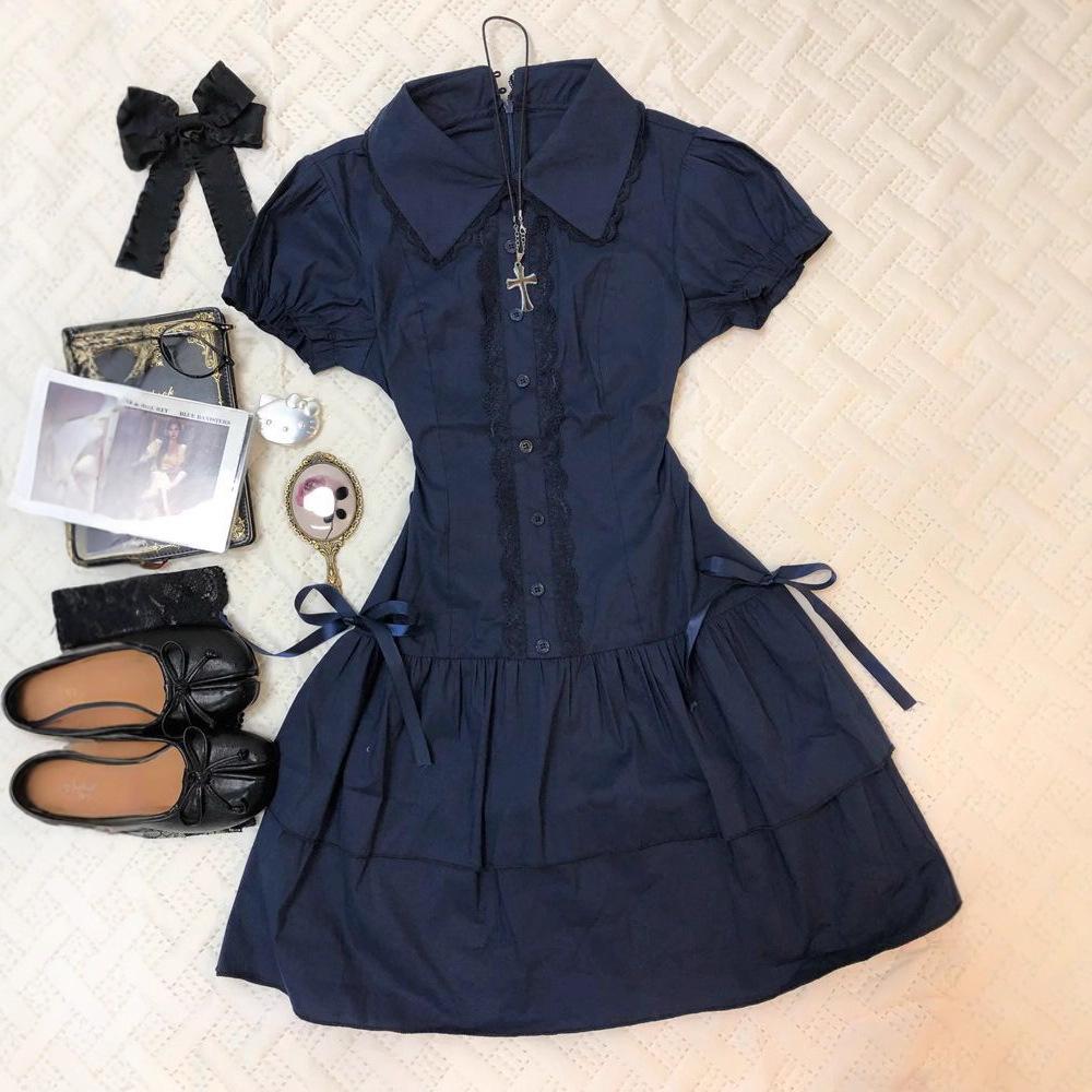 Vintage Wear College-Stil Spitzensaum-Patchwork Blaues Vintage-Hemdblusenkleid Vintage-Kurzrock