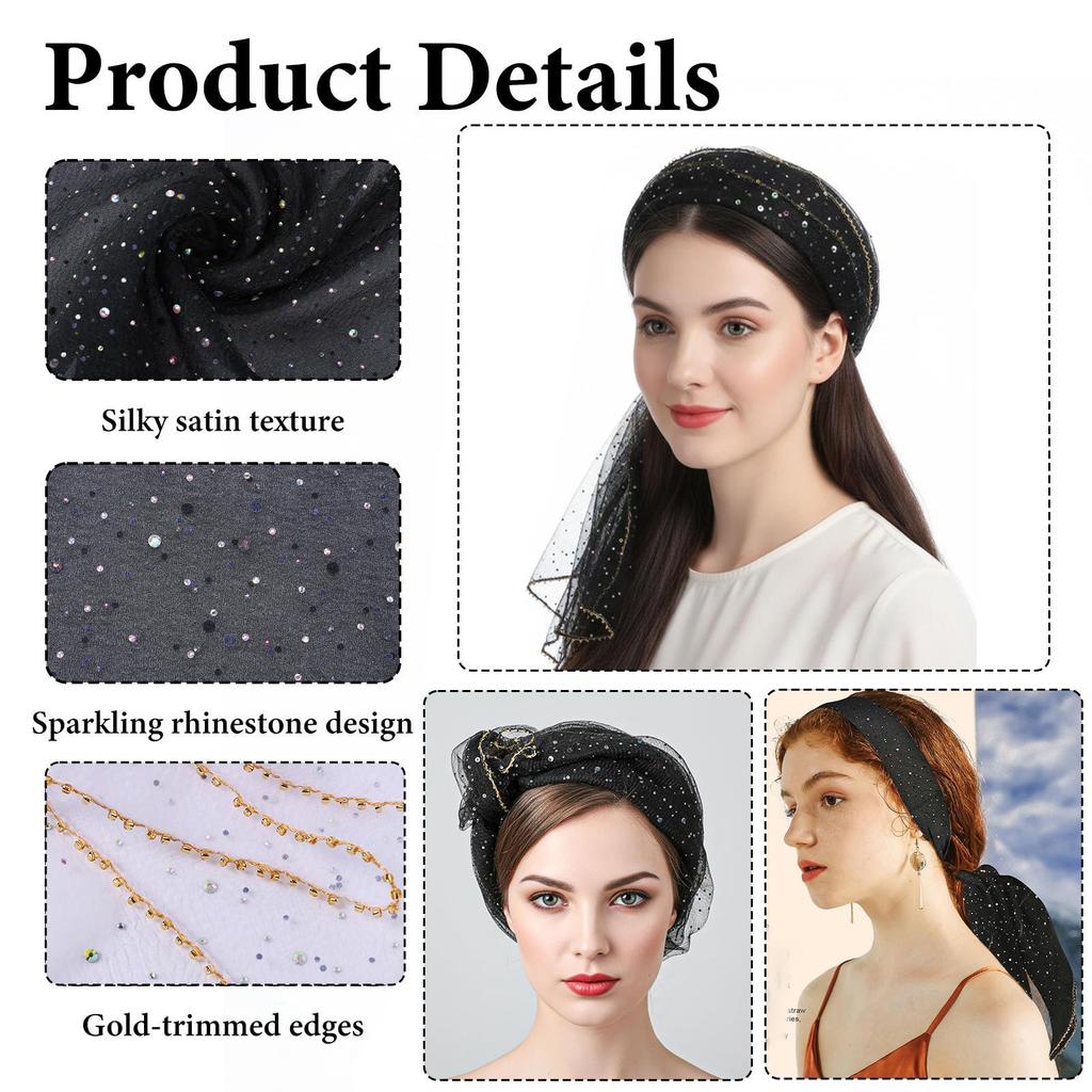 80cm Glitter Rhinestone Square Scarf, Sparkly Mesh Head Wrap for Women
