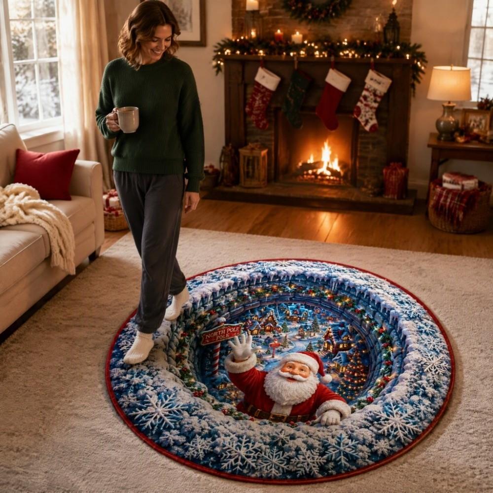 2D Flat Printed 3D Illusion Rug Non-Slip Christmas Doormat Cartoon Cute Xmas Home Decor Outdoor