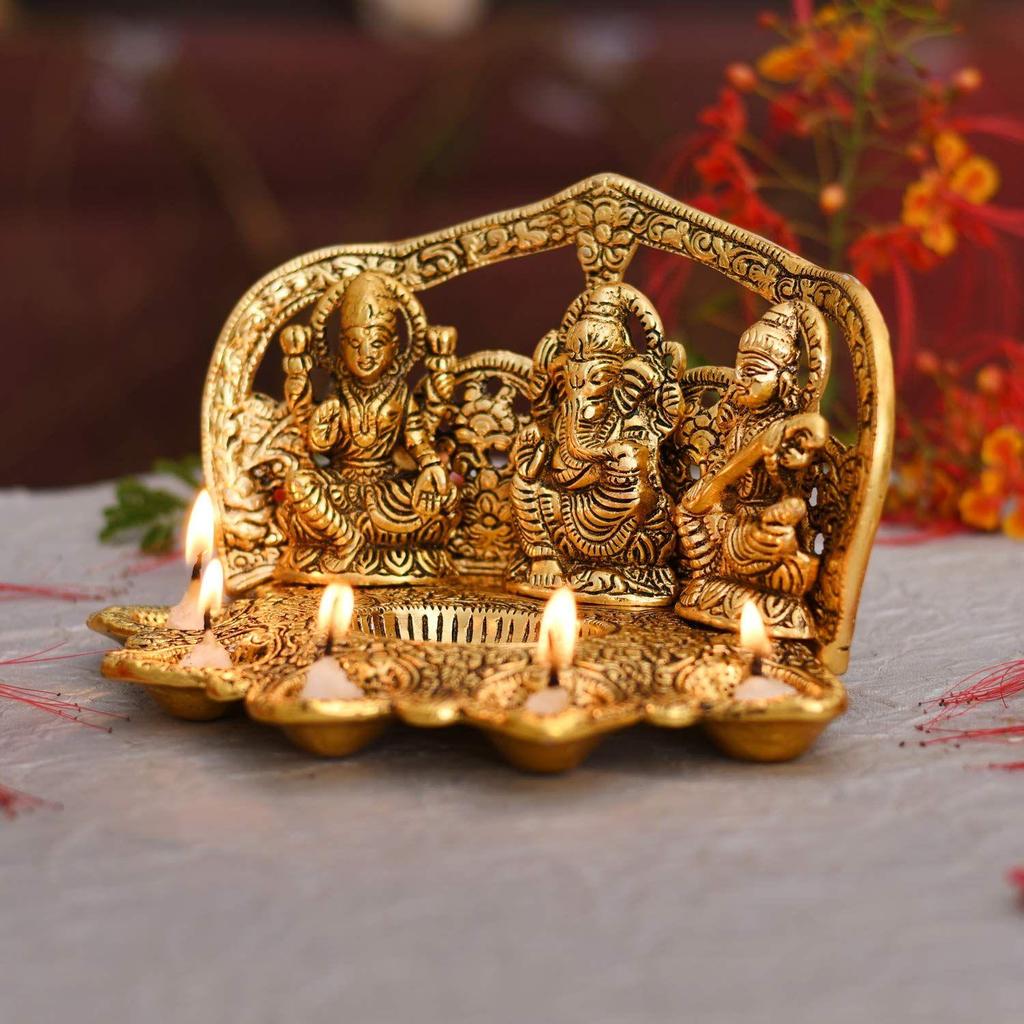 Laxmi Ganesh Saraswati Idol Diya Oil Lamp Deepak - Metal Lakshmi Ganesha Showpiece Statue - Traditional Diya for Diwali Puja - Diwali Home