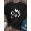Short-Sleeved Crew Neck T-Shirt for Women Featuring Black And White Lettering, Along with Smiling And Butterfly Designs, Ideal for Family Outfits