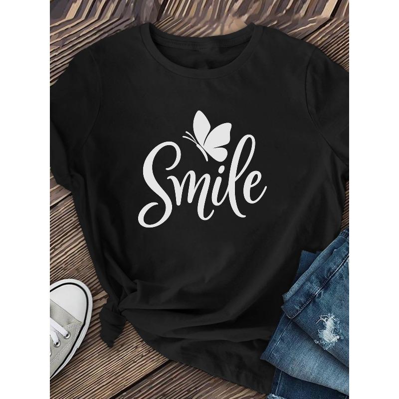 Short-Sleeved Crew Neck T-Shirt for Women Featuring Black And White Lettering, Along with Smiling And Butterfly Designs, Ideal for Family Outfits