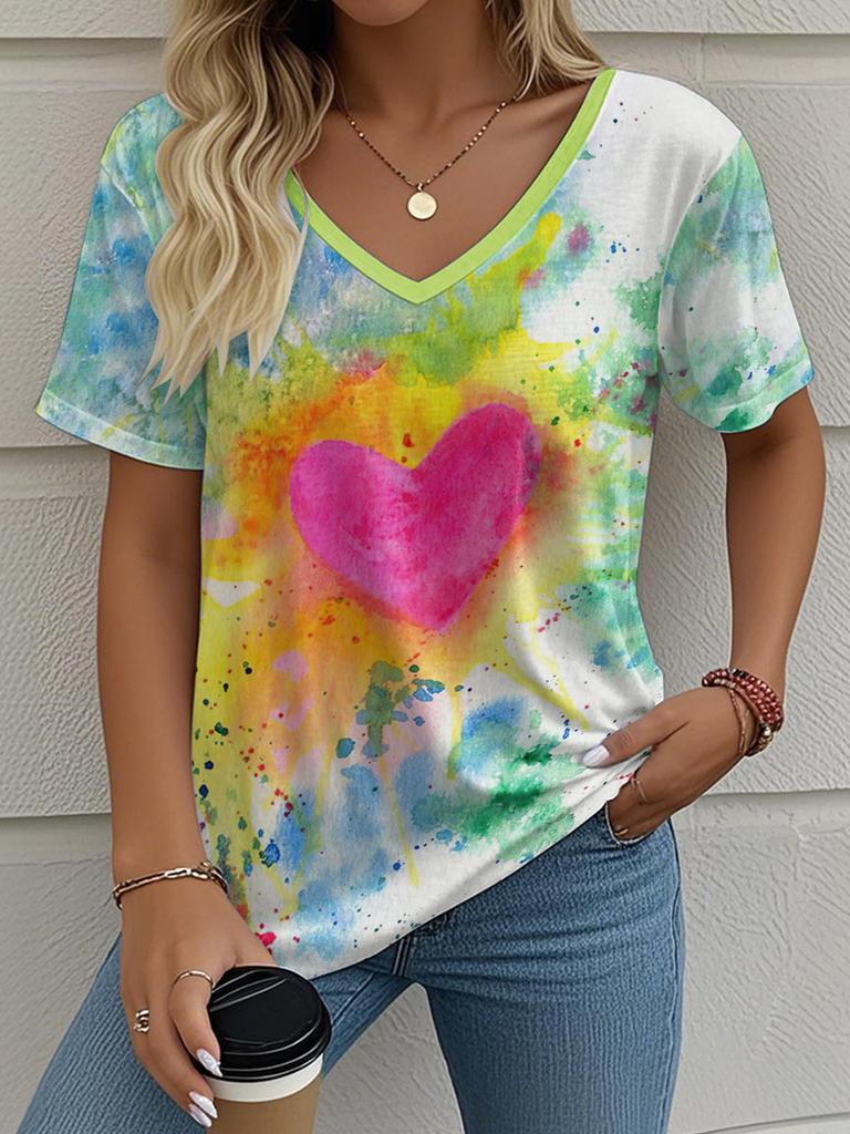 Letní gradientní 3D umělecký květinový potisk grafická halenka dámská s V-výstřihem módní retro oblečení volné oversized tričko