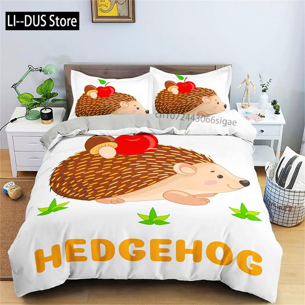 Hedgehog Duvet Cover Mushroom For Boys Teens Cute Cartoon Wild Animal Pinecone Tree Leaf Quilt Cover Autumn Leaves Room Decor