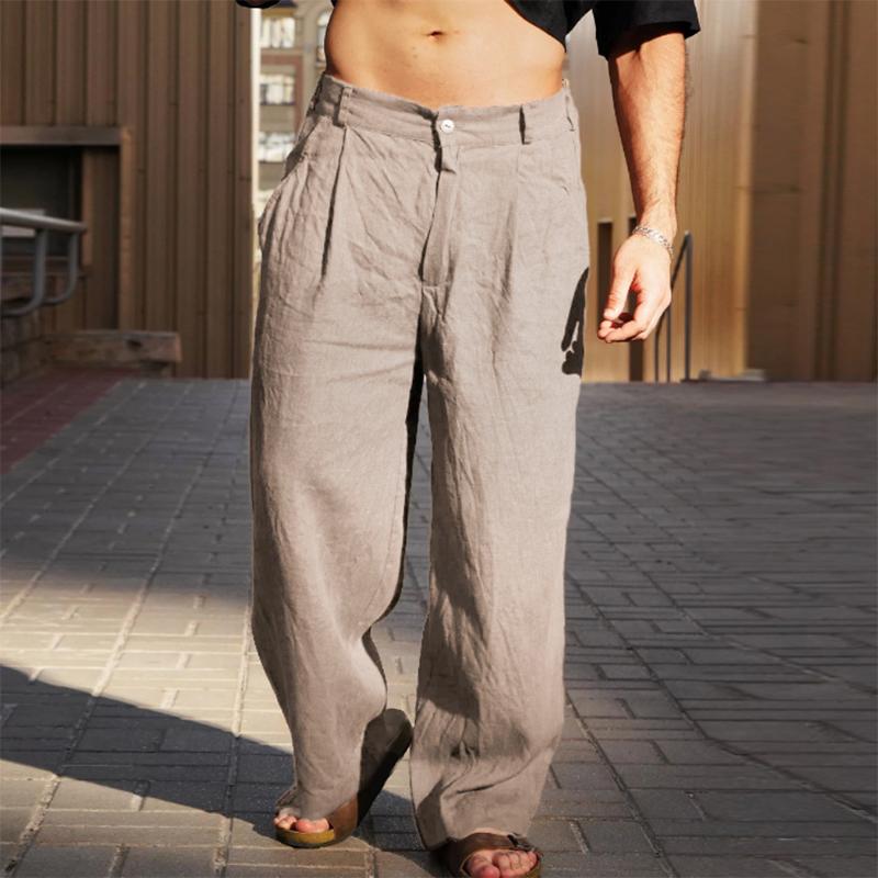 Pantaloni larghi dritti da uomo, casual, autunnali, larghi, tinta unita, in cotone e lino, vintage, a vita media