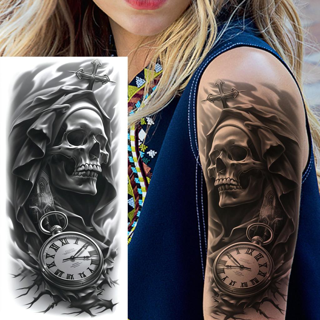 1 Blatt Gruseliger Sensenmann Totenkopf Temporäre Tattoos Halloween Tattoos Langlebig Wasserdicht Tiger Wolf Bestie Fake Tattoo Aufkleber