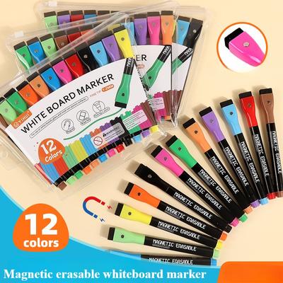 1 Set mit 12 Zeichenmarkern, magnetisches Set, Kreidemarker, Whiteboard, wasserbasierte Farbmarker, trocken abwischbare Marker mit Radiergummi, tragbar