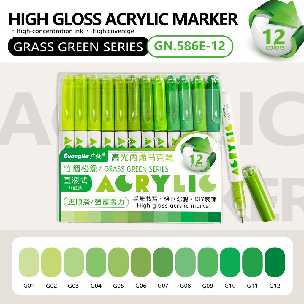 GuangNa 12 Colors/box Direct Liquid Hardhead High-gloss Acrylic Marker, for Student Notebook Writing, DIY Painting Graffiti