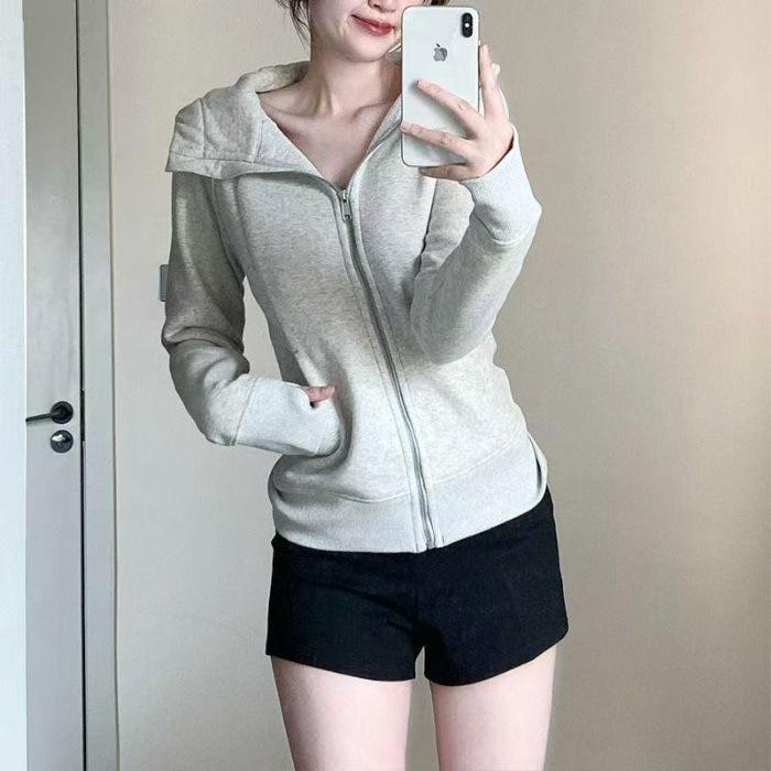 Women's Cotton Blend Fitted Zip-Up Hooded Sweatshirt - Stylish Autumn Cardigan for Yoga & Sports
