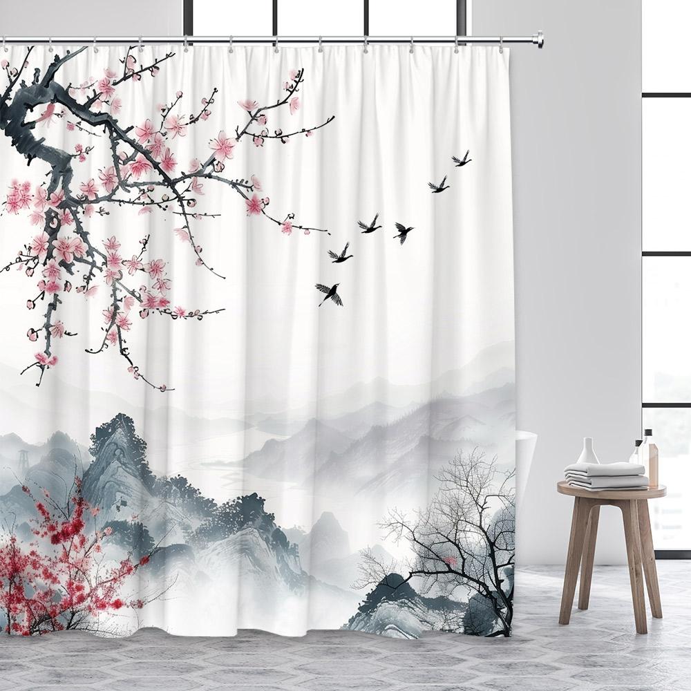 Ink Landscape Shower Curtain Abstract Mountain Water Red Floral Birds Chinese Style Bath Curtains Home Bathroom Decor with Hooks