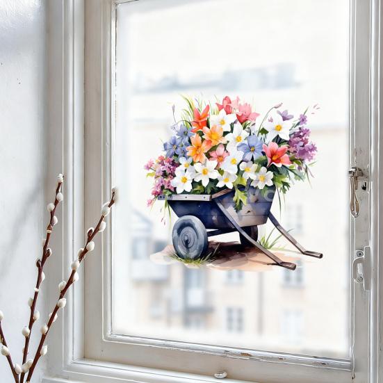 Einkaufswagen Blumen Fensteraufkleber Nicht haftender Fenstersticker Wasserdicht Statisch haftend Abnehmbarer Aufkleber für Wände Türen Fenster Badezimmer Schlafzimmer Heimdekoration