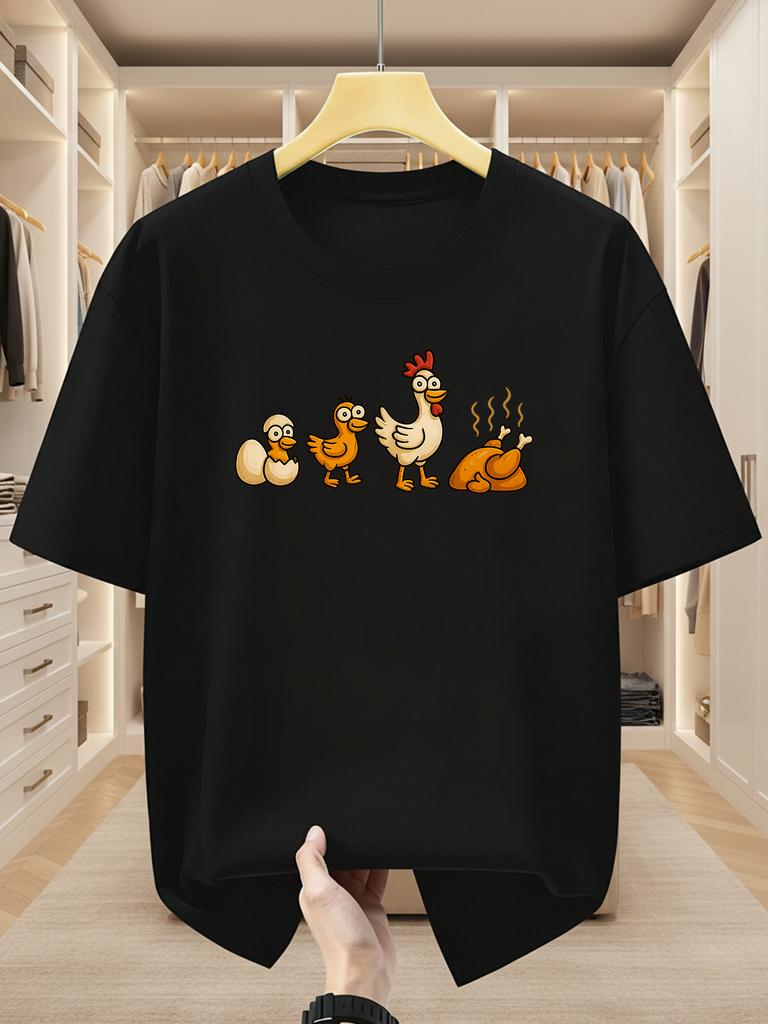 Men's Plus Size 100% Cotton Chicken Family Print T-Shirt - Cute Cartoon Rooster & Hens Design Short Sleeve Round Neck Casual Summer Tee for s & - Soft