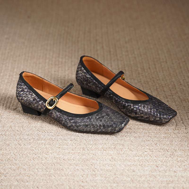 Krazing Pot Cow Skin Summer Spring Autumn Low Heels Women Square Toe Mary Janes Metal Buckle Shallow Pumps