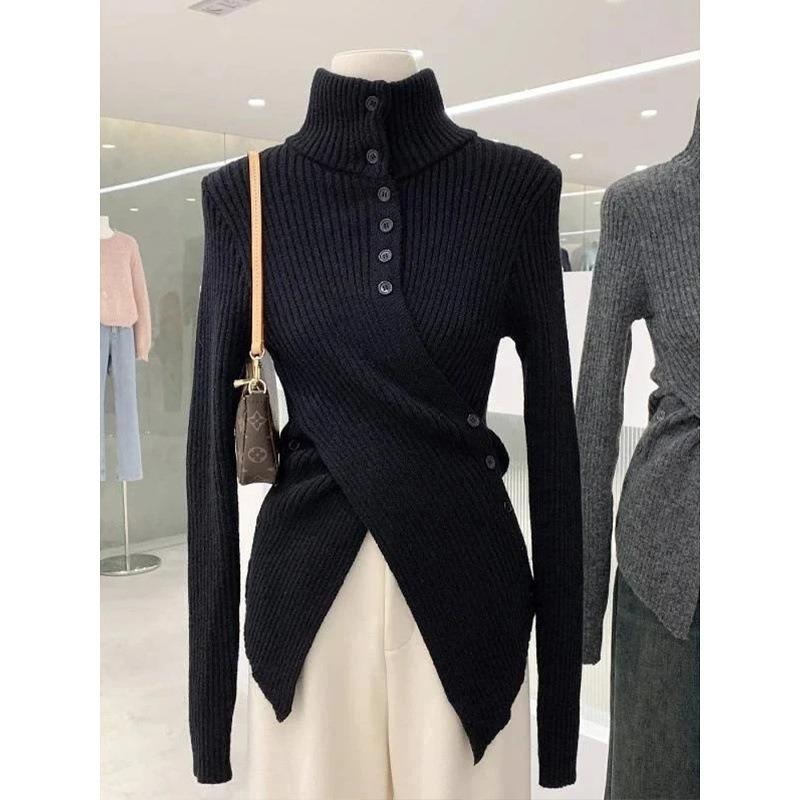 Grey turtleneck cotton wool knitted bottoming shirt women's autumn and winter irregular waist sweater with split top