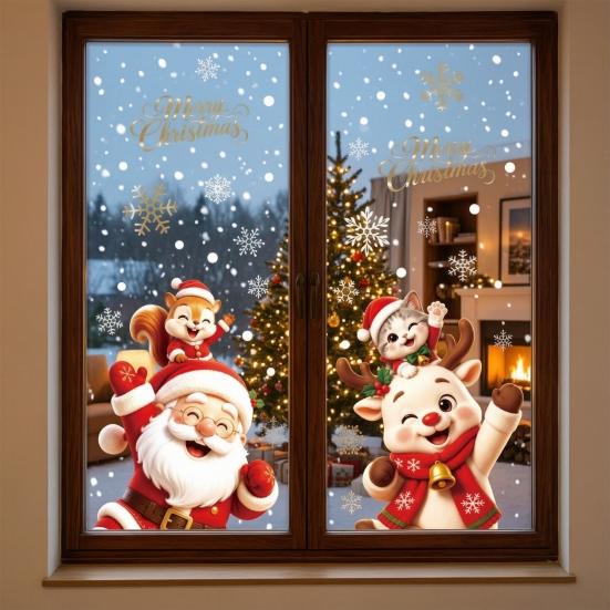 Double Sided Window Ornaments 2Pcs Christmas Clings, Santa Claus Elk Static Decals, Festive Shop Supplies Removable Cute Cartoon Holiday Stickers for