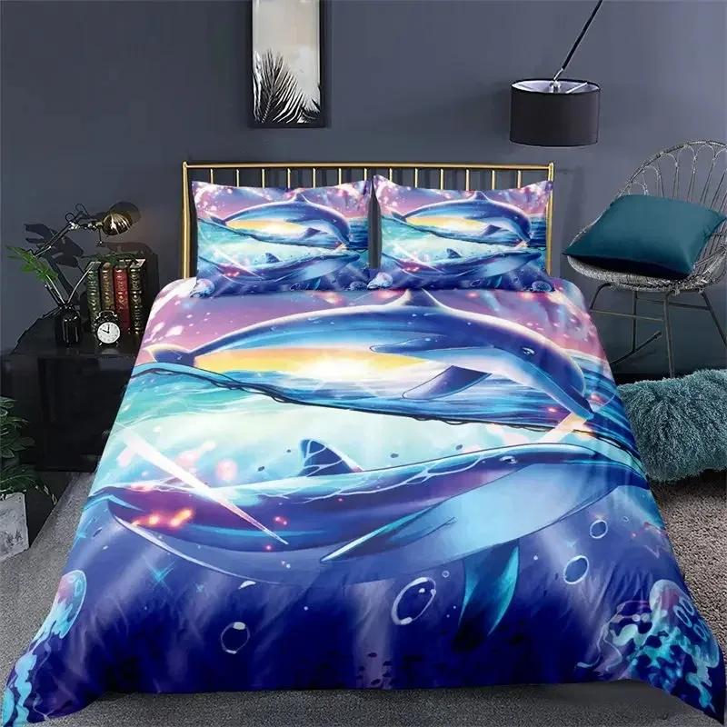 Comforter Ocean Dolphin Bedding Set For Kids Adult Boho Style Marine Themed Microfiber Sea Creatures Bedroom Decor