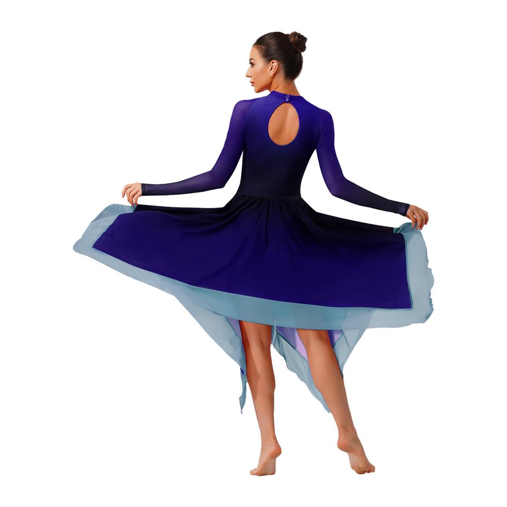 Womens Lyrical Dance Gradient Dress Mesh Long Sleeve Irregular Hem Back Keyhole Leotard Figure Skating Modern Costume