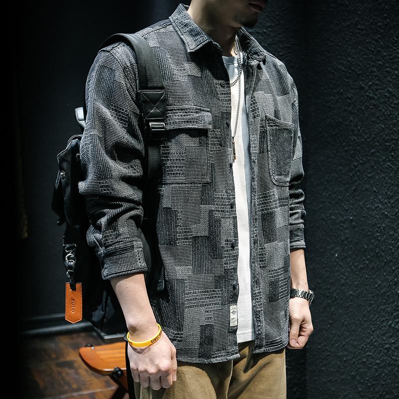 Men Loose Long Sleeve Plaid Denim Casual Work Shirt Outerwear