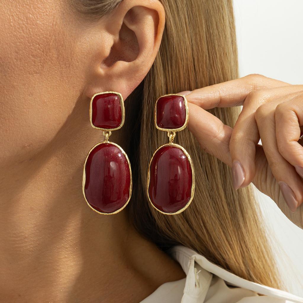 Temperament Light Luxury Resin Gem Stud Earrings, Retro Geometric Irregular Pleated Metal Oil Drop Earrings