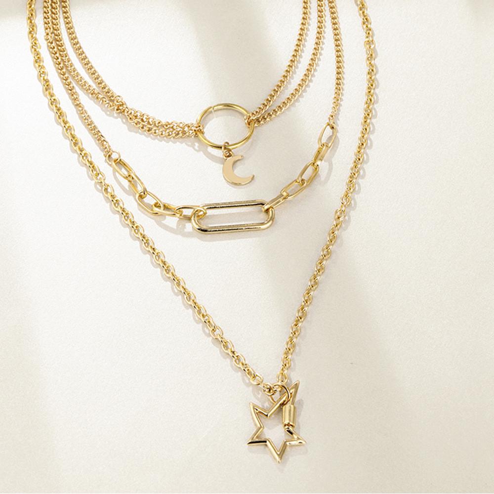 Classic European Style Alloy Moon And Star Layered Pendant Necklace For Women