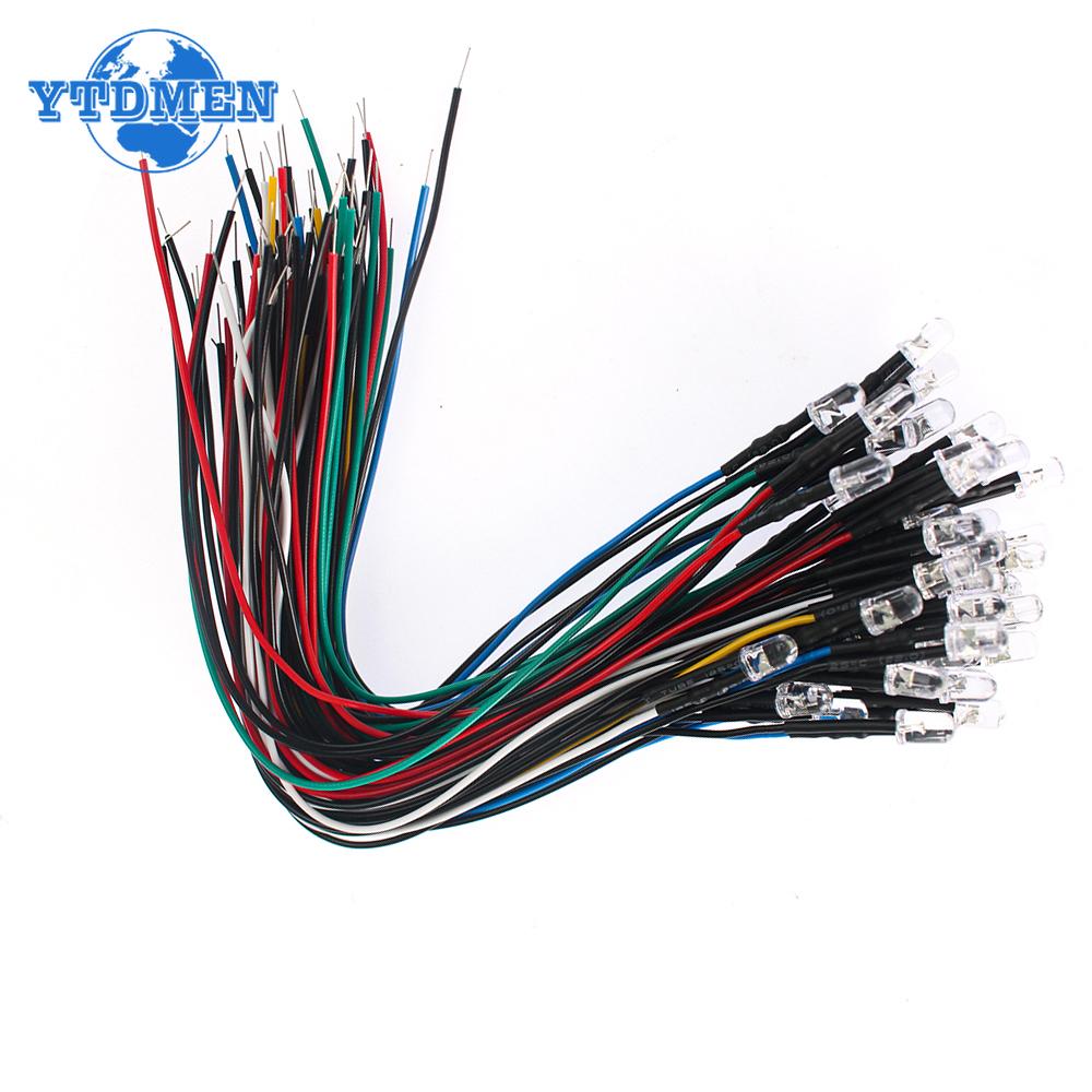 50PCS Pre Wired Led 12V 5mm LED Diode Lights 20CM Prewired 5 Colors X 10pcs  DIY Emitting Diodes Kit White Red Green Blue Yellow