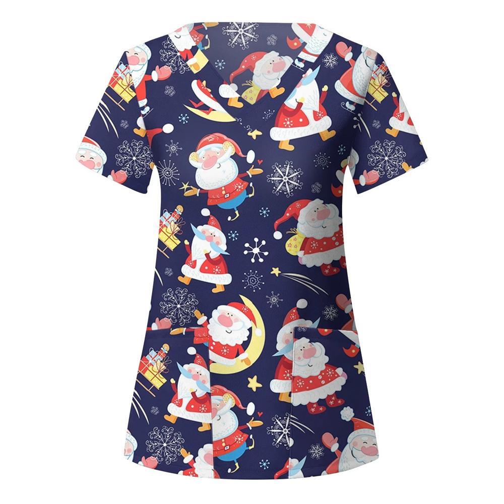 Chirurgische Uniformen Feiertage Weihnachten Drucke Stil Taschendesign Chirurgisches Kostüm Frau V-Ausschnitt Kurzarm Krankenschwester Medizinische Uniform