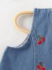 Two-piece Set for Girls: Sweet Cherry Embroidered Button-down Sleeveless Top and Versatile Retro Blue Denim Shorts with Rolled-up Cuffs.