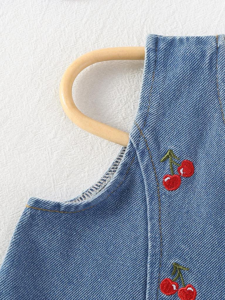 Two-piece Set for Girls: Sweet Cherry Embroidered Button-down Sleeveless Top and Versatile Retro Blue Denim Shorts with Rolled-up Cuffs.