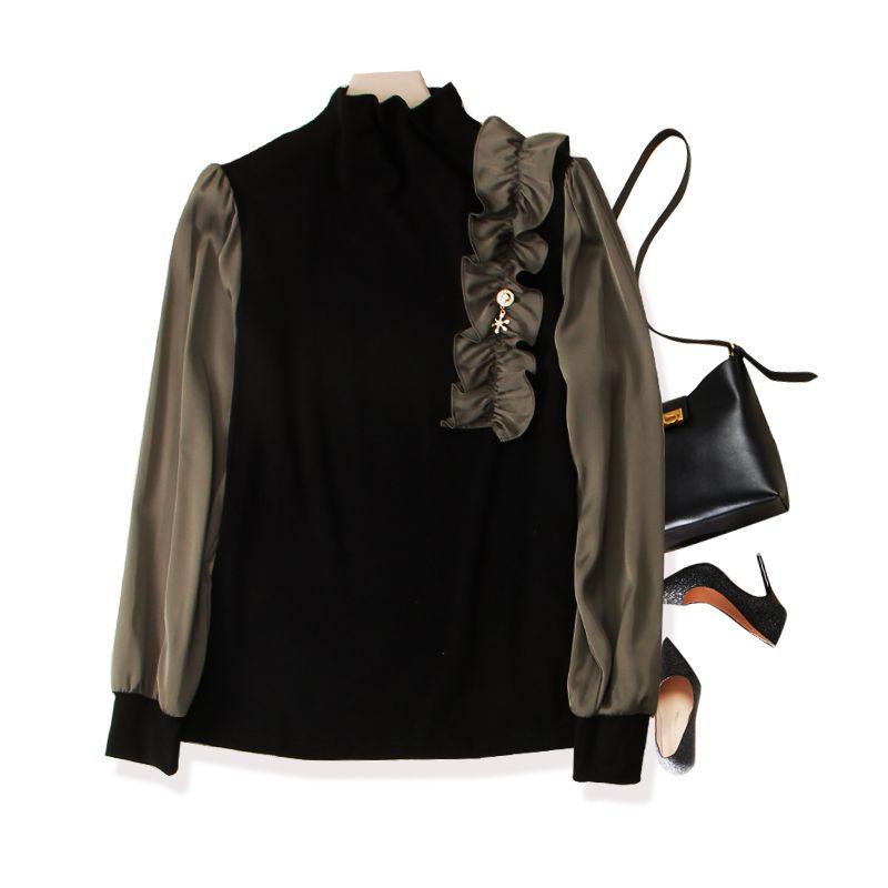 

Speed Station Elegance High! Stretch Knitted Cotton Long Sleeves Small Turtleneck Sweater Women s New Shirt Contrast Color Lotus Leaf Tassel Black 2XL