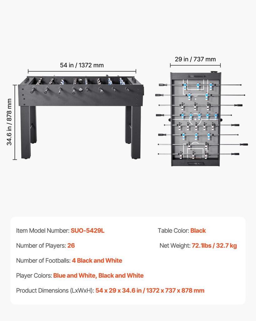 Foosball Table, 137 cm Standard Size Table, Indoor Full Size Foosball Tables for Home, Family, and Game Room, Durable Soccer Set, Includes 4 Balls,