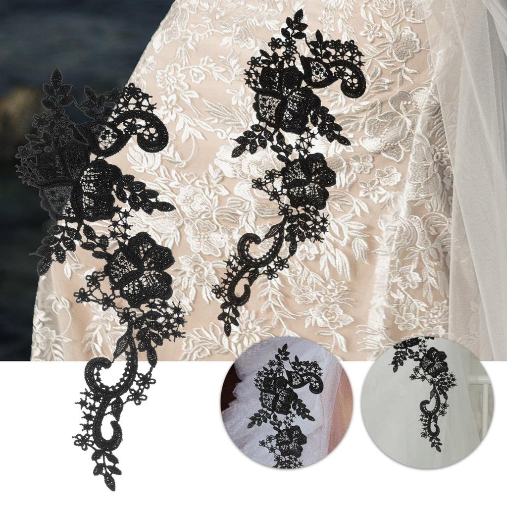 EXCEART Wedding Lace Fabric, Floral Embroidered Patches for Decorative Flower Appliques, DIY Accessories, Black Polyester Thread, 1 Pair