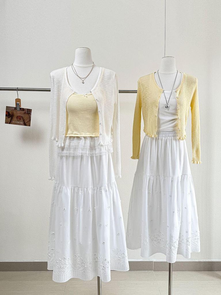 2026 Spring/Summer Floral Embroidered White A-Line Midi Skirt