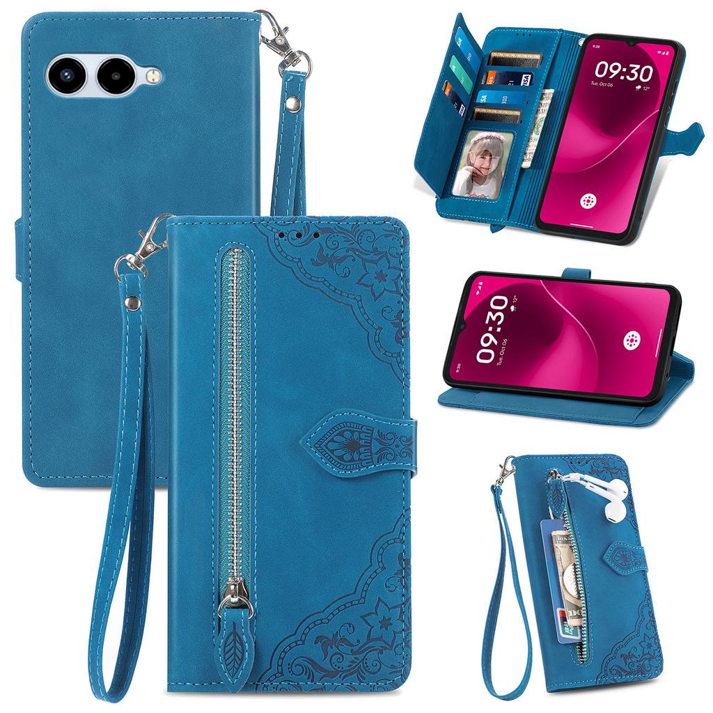 For T-Mobile REVVL 8 Zipper Wallet Case with Strap Flower Imprint PU Leather Phone Cover
