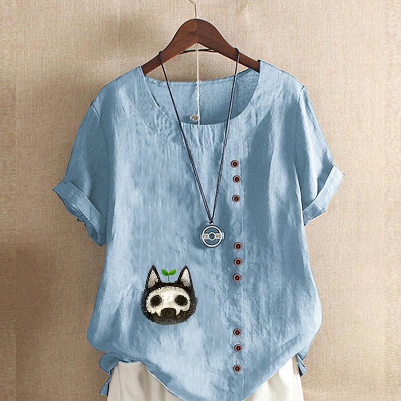 Women's Fashion Cartoon Characters Prined Round Neck Short Sleeve T-shirt Casual Cotton Linen Graphic Shirt Leisure Loose Summer Blouse Tops