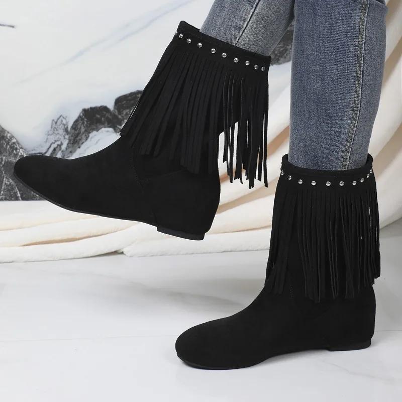 

Fashion Ladies Shoes 2024 High Quality Slip-on Women s Boots Fashion Tassel Modern Boots Women Winter Rivet Solid Mid-Calf Boots Zapatos 41